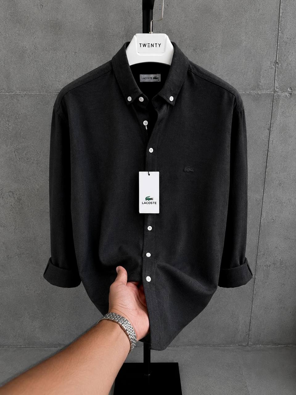 Lacoste-Siyah-Ham Keten Gömlek-Yazlık
