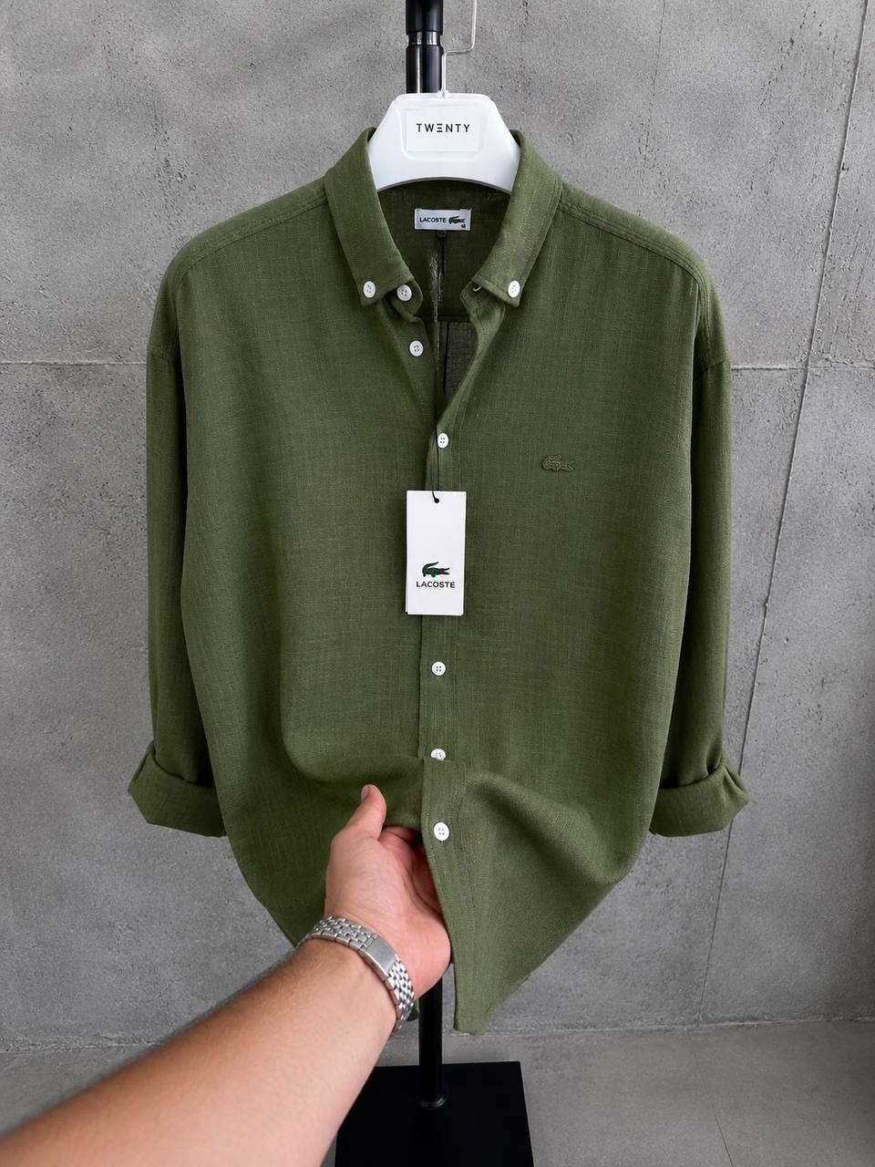 Lacoste-Haki Yeşil-Ham Keten Gömlek-Yazlık