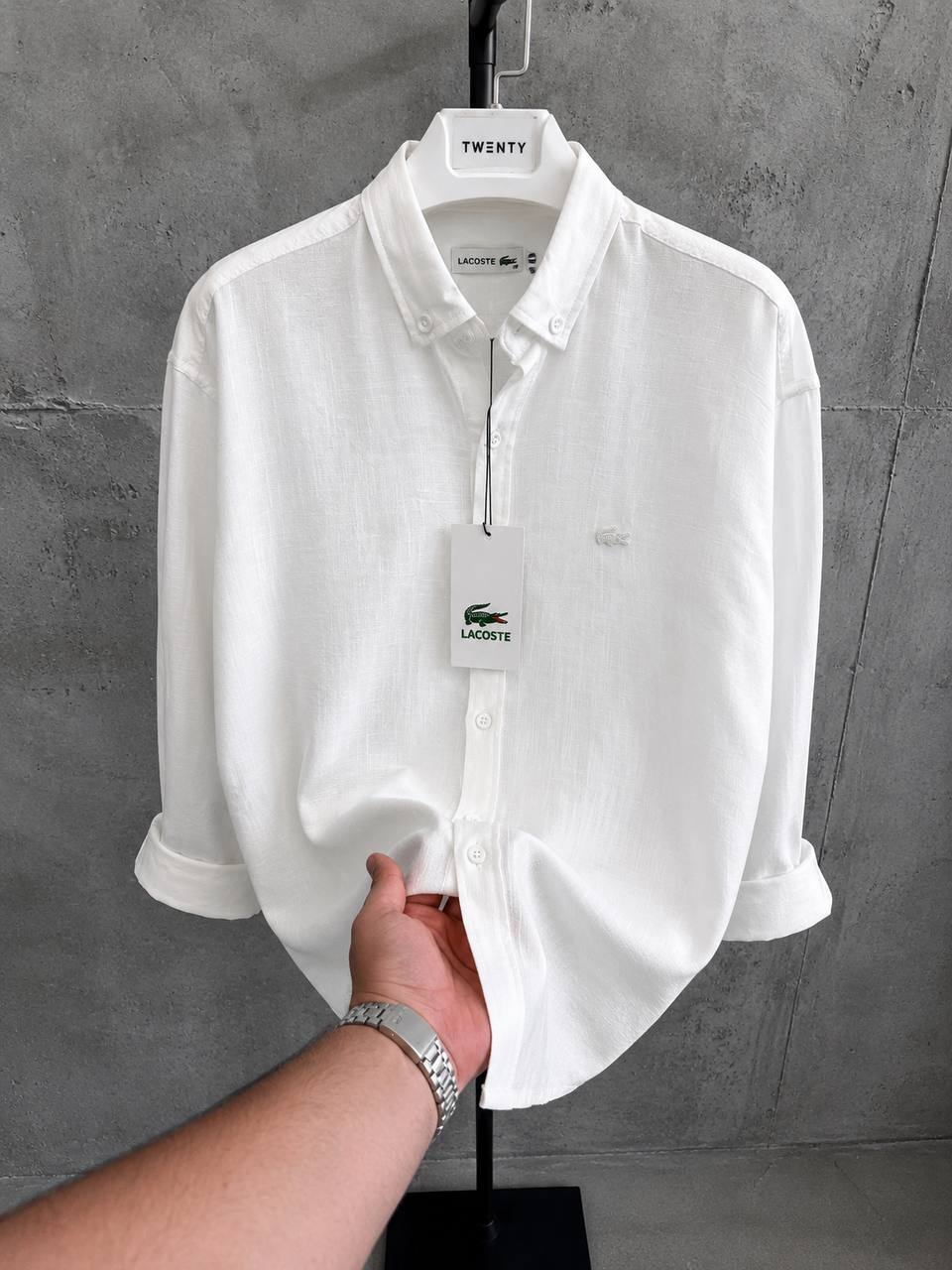 Lacoste-Beyaz-Ham Keten Gömlek-Yazlık